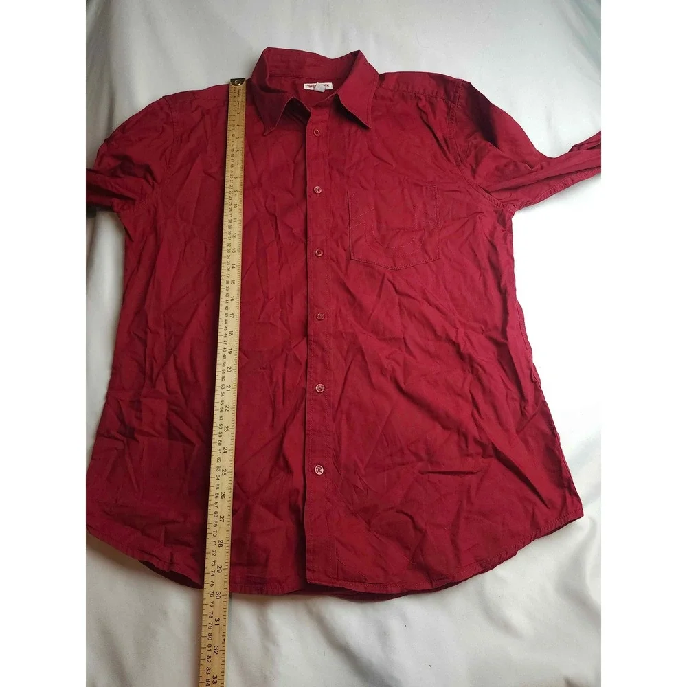 True Religion Mens Long Sleeve Button Down Shirt Red Cotton Horseshoe Pocket L
